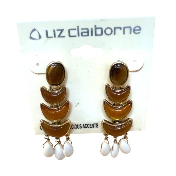 Liz Claiborne Gold-Tone Brown Crescent Drop Earrings W/ White Bead Accents - Picture 1 of 8